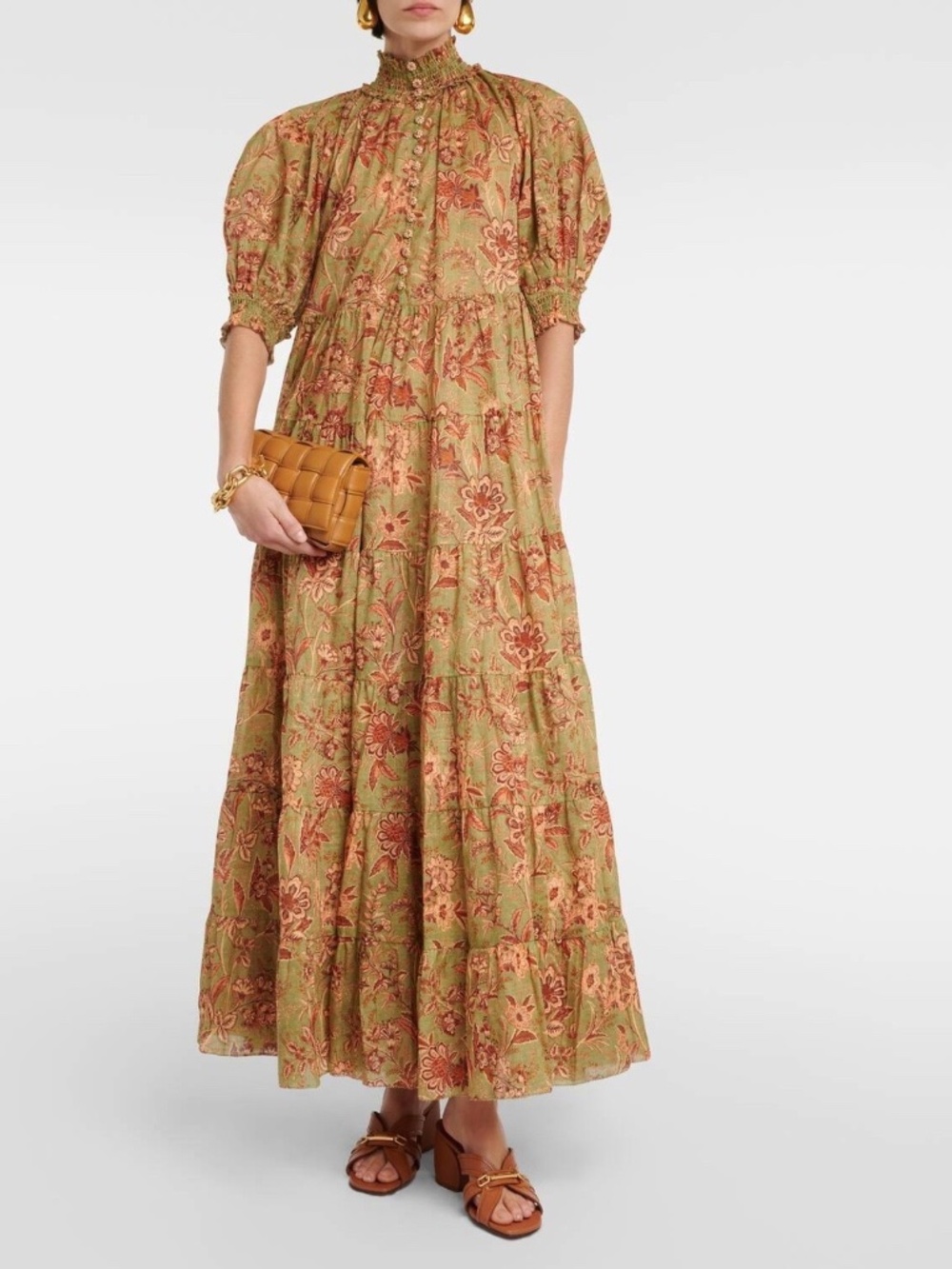 Zimmermann Olive Green and Rust Floral Maxi Dress